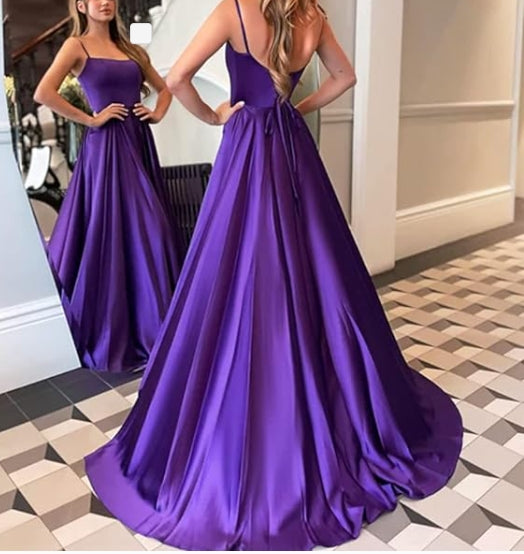 Vestido de fiesta de satén con escote redondo y tirantes finos